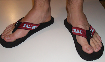 Zoolander models the new Glendale Falcons flip flops.